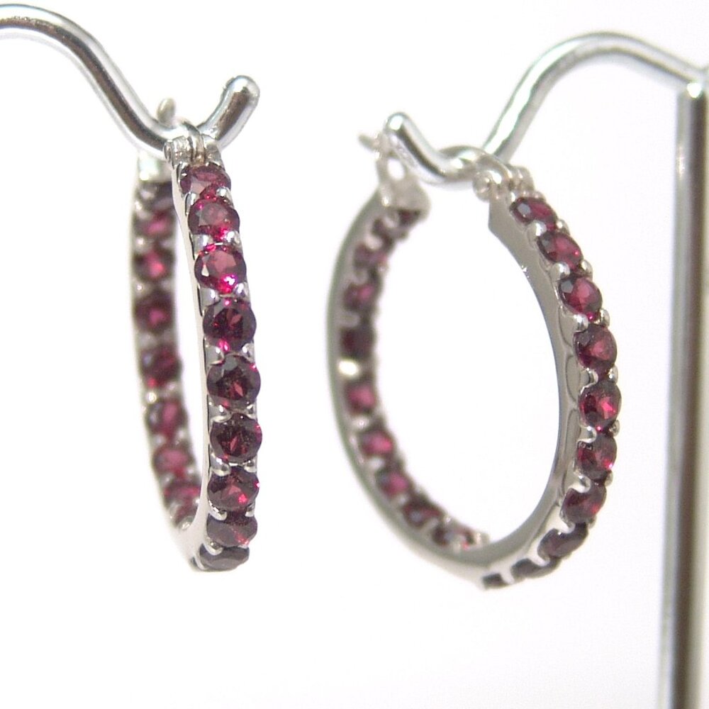 Sterling Silver Rhodolite Garnet Hoop Earrings 1 Inch Rhodium Anti Tarnish